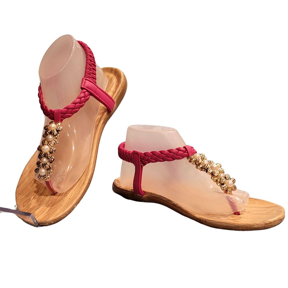 Petalia Fuchsia Jeweled Pearl Thong, Sandal Slip On Shoe Comfortable Summer Sz 6